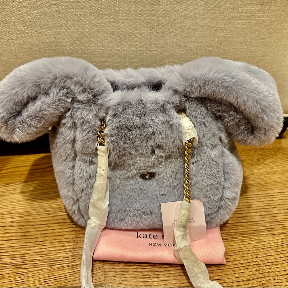 KATE SPADE Fluff Embellished Faux Fur Bucket Shoulder Bag | Lavender Bunny | NEW - Picture 8 of 8